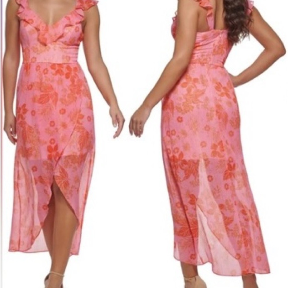 GUESS Pink Orange Floral Ruffle Chiffon High Low Maxi Dress Size 14